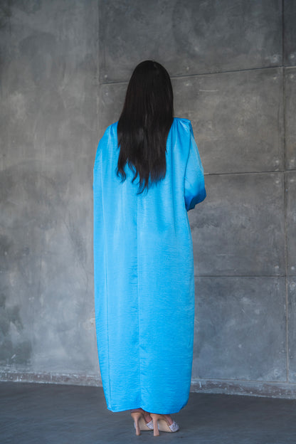 Draped Satin A-Line Maxi Dress with Puff Sleeves