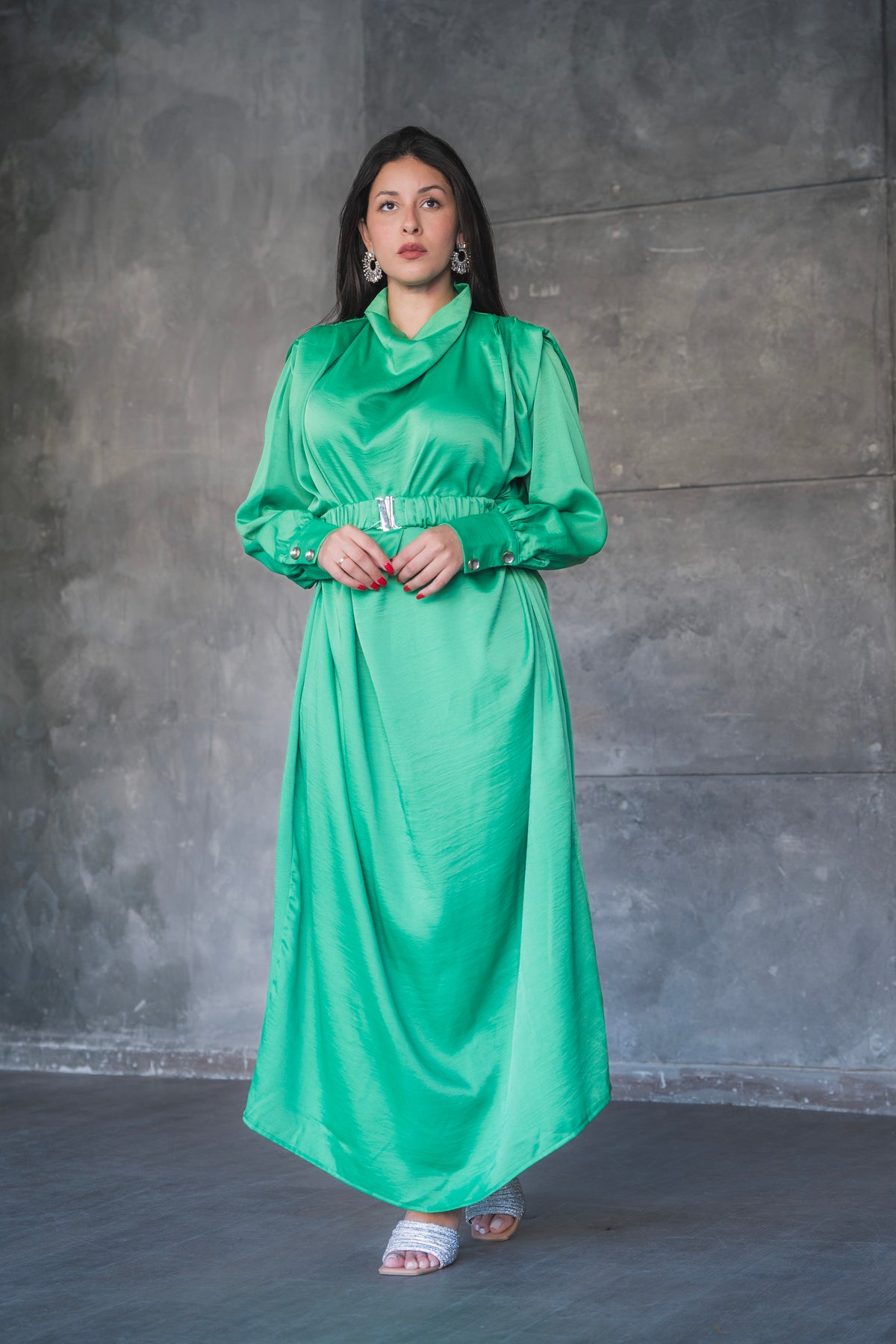 Draped Satin A-Line Maxi Dress with Puff Sleeves
