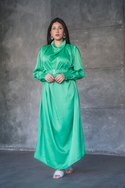 Draped Satin A-Line Maxi Dress with Puff Sleeves