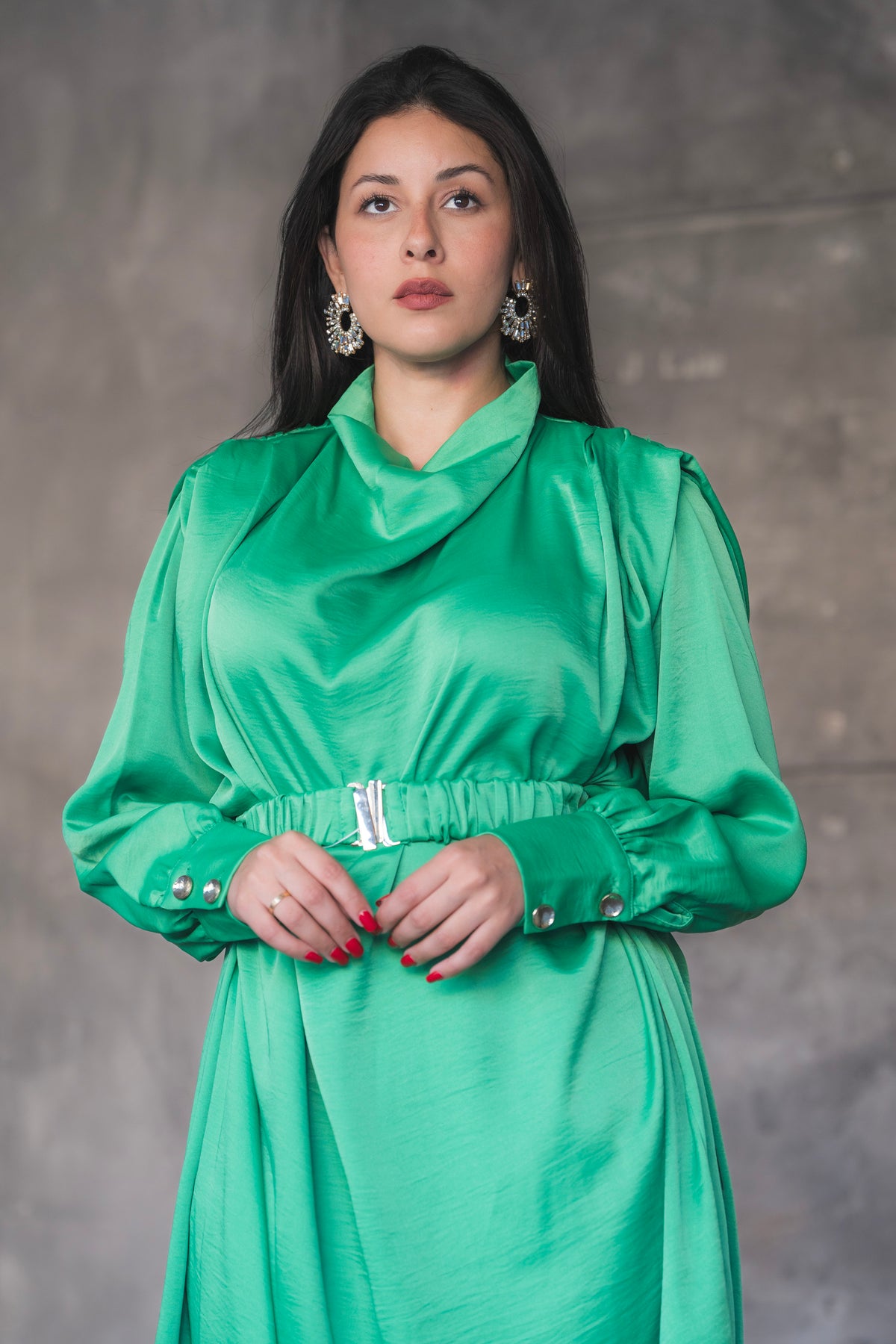 Draped Satin A-Line Maxi Dress with Puff Sleeves