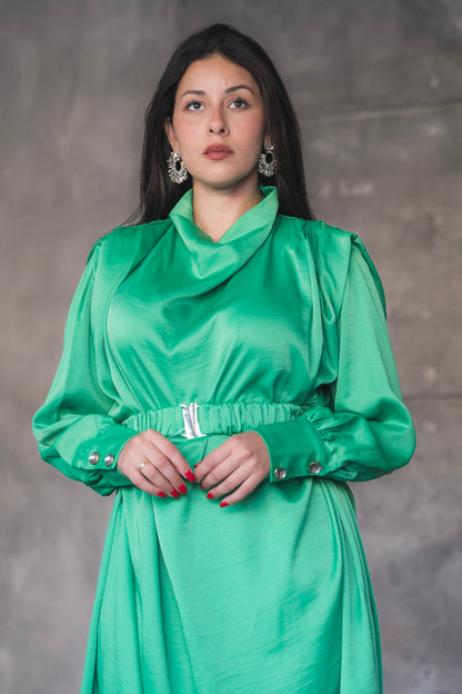 Draped Satin A-Line Maxi Dress with Puff Sleeves