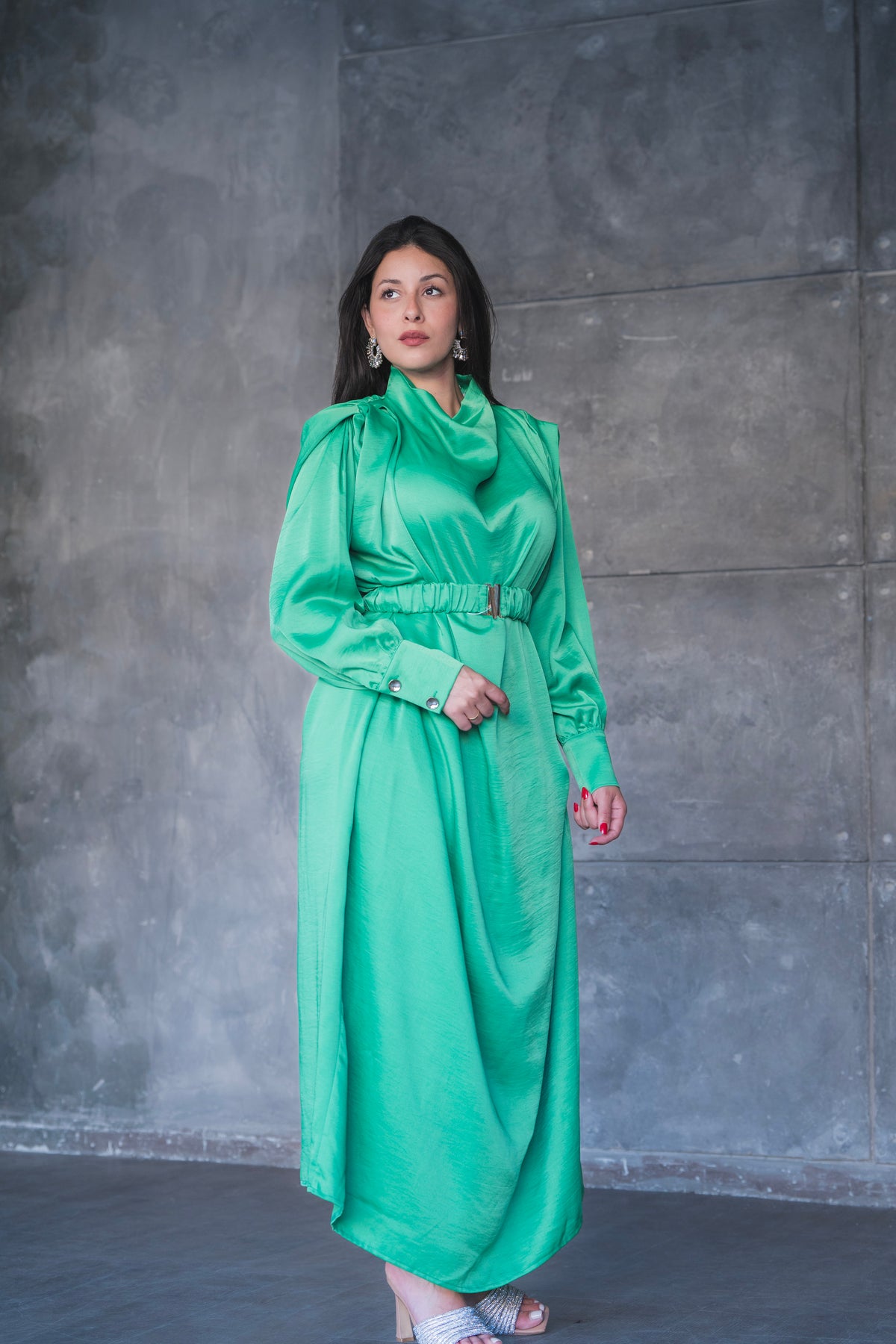 Draped Satin A-Line Maxi Dress with Puff Sleeves