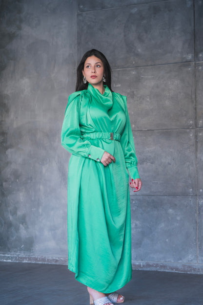Draped Satin A-Line Maxi Dress with Puff Sleeves