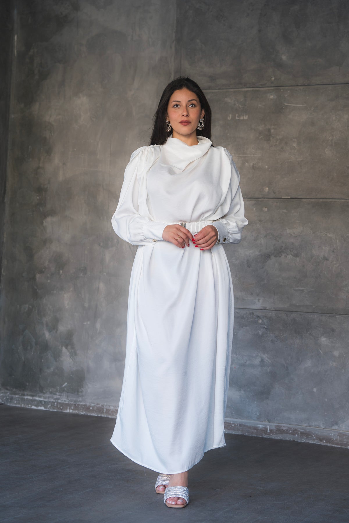Draped Satin A-Line Maxi Dress with Puff Sleeves