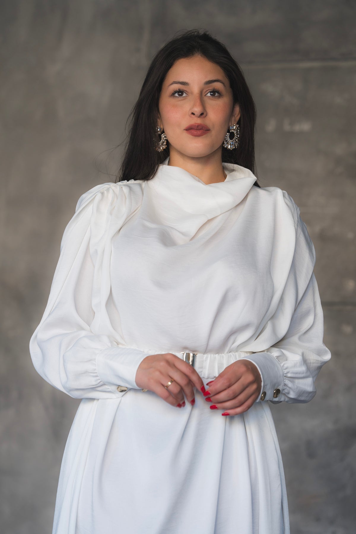 Draped Satin A-Line Maxi Dress with Puff Sleeves
