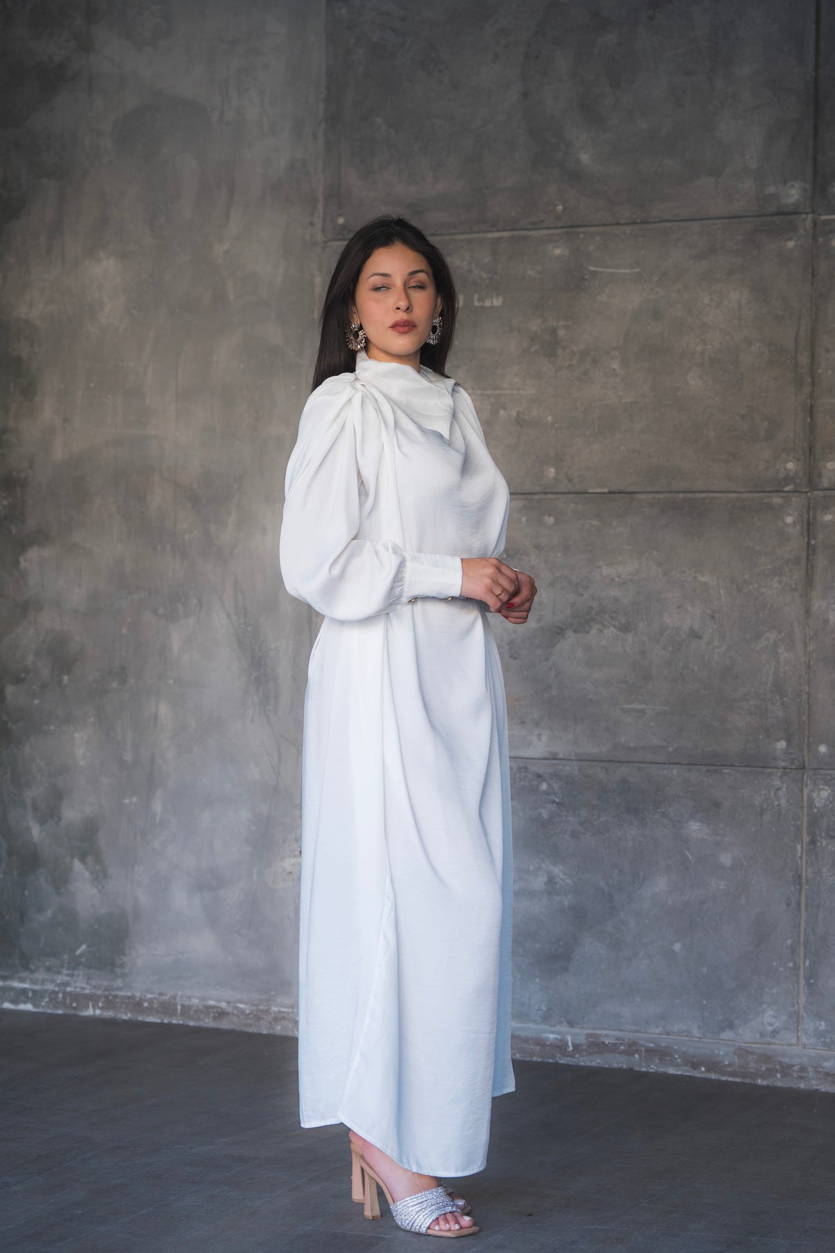 Draped Satin A-Line Maxi Dress with Puff Sleeves