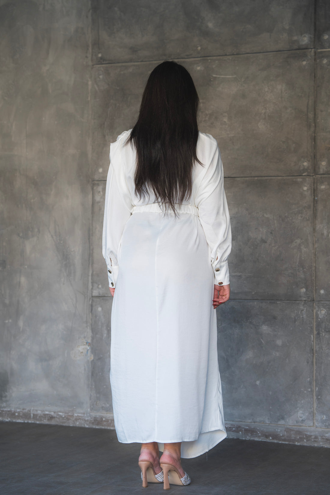 Draped Satin A-Line Maxi Dress with Puff Sleeves