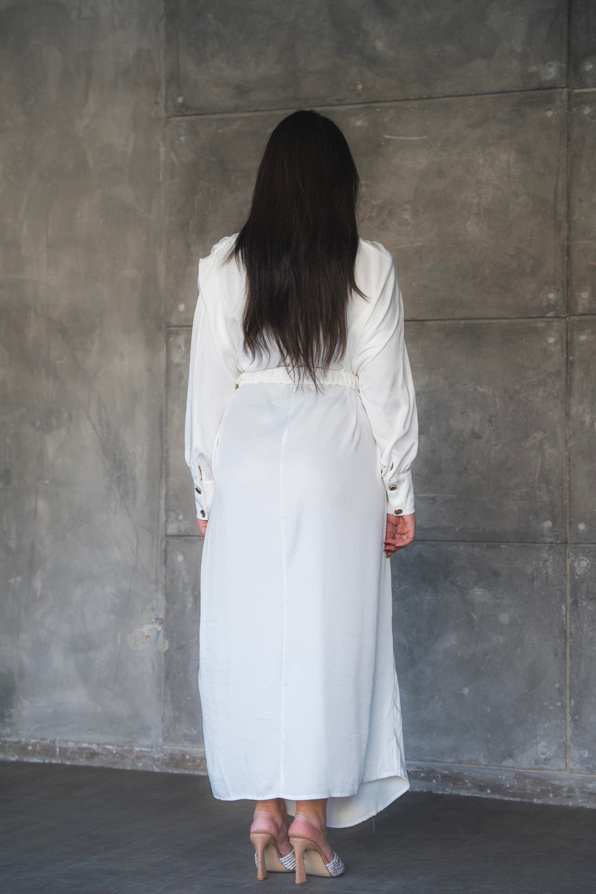 Draped Satin A-Line Maxi Dress with Puff Sleeves