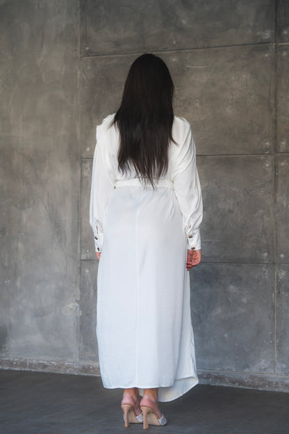 Draped Satin A-Line Maxi Dress with Puff Sleeves