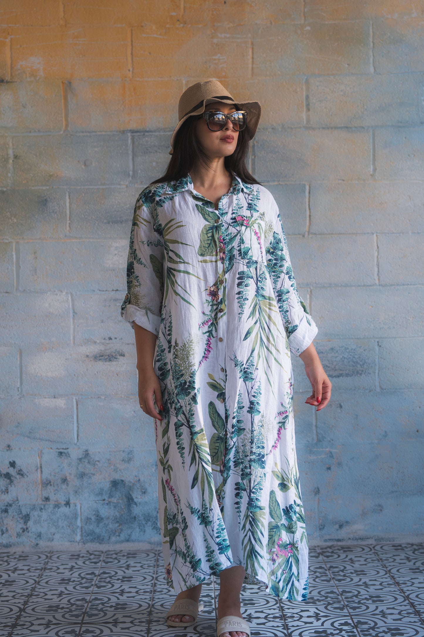 Italian Linen Maxi Dresses Beighe Floral