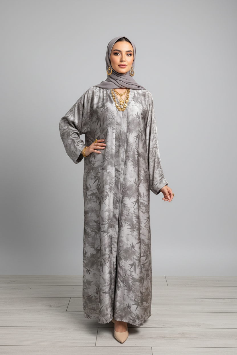 Reem Beige Floral Print Satin Abaya