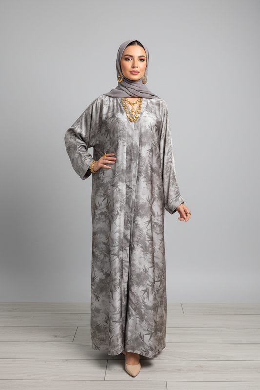 Reem Floral Satin Abaya Beige