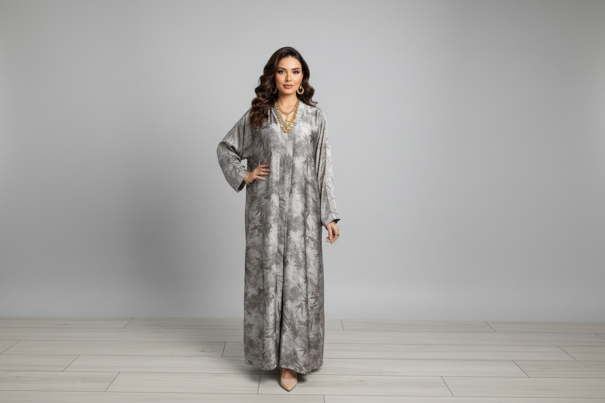 Reem Beige Floral Print Satin Abaya