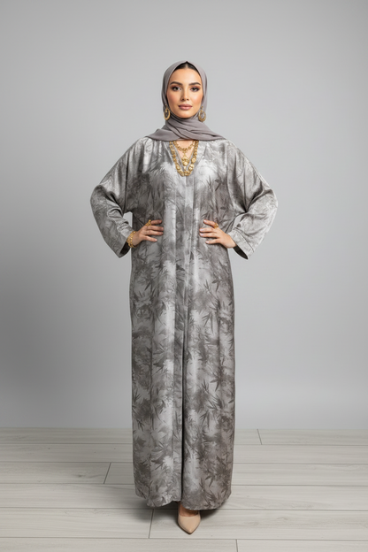 Reem Beige Floral Print Satin Abaya