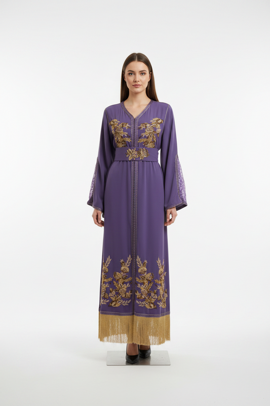 Violet Embroidered Caftan with Gold Fringe