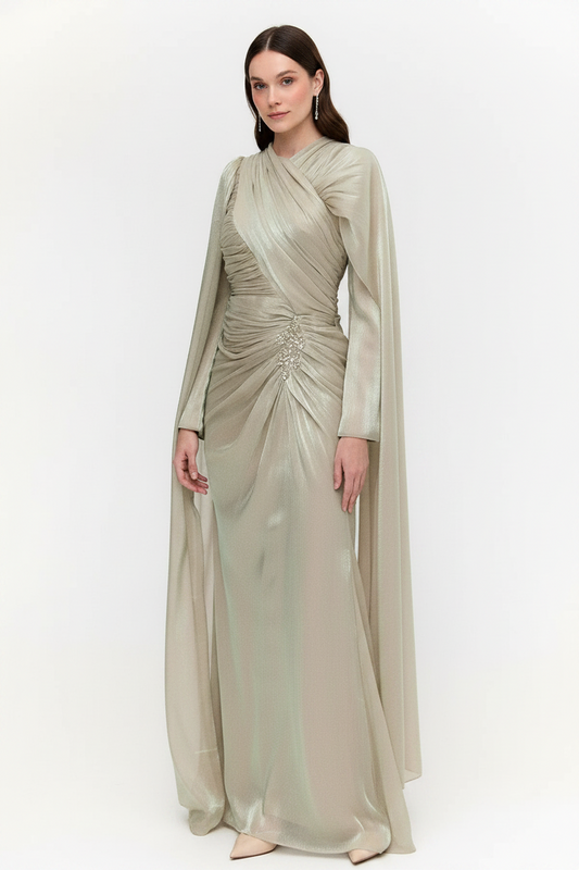 The Celeste Draped Shimmer Evening Gown - Mint Frost