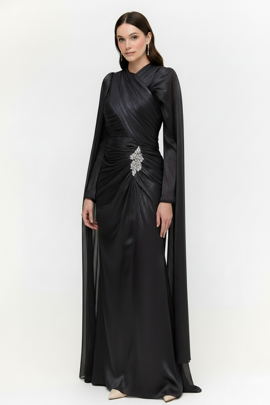 The Celeste Draped Shimmer Evening Gown - Midnight Noir