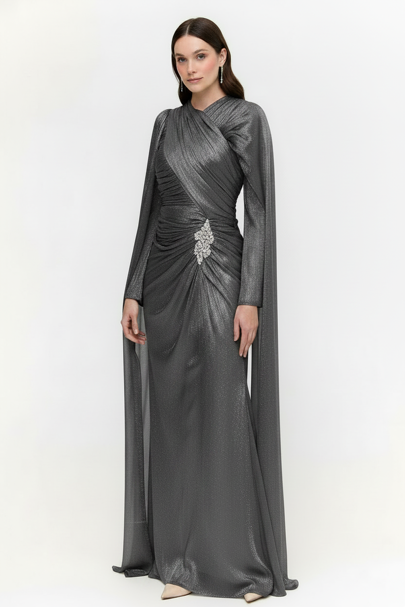 Celeste Silver Mist Draped Shimmer Evening Gown