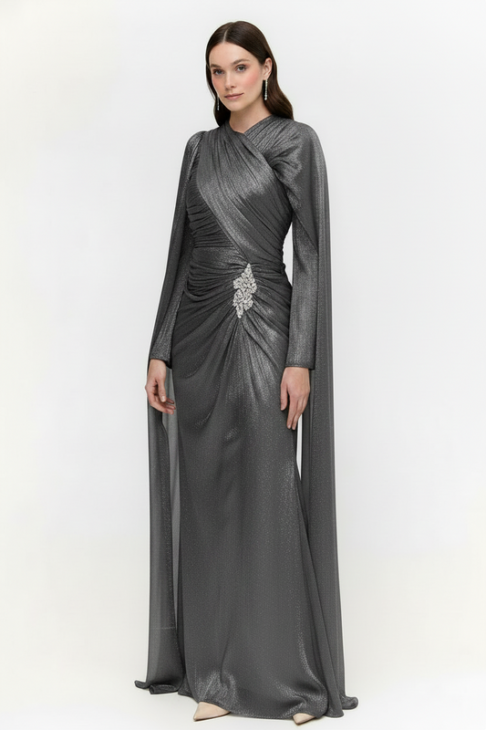 The Celeste Draped Shimmer Evening Gown - Silver Mist