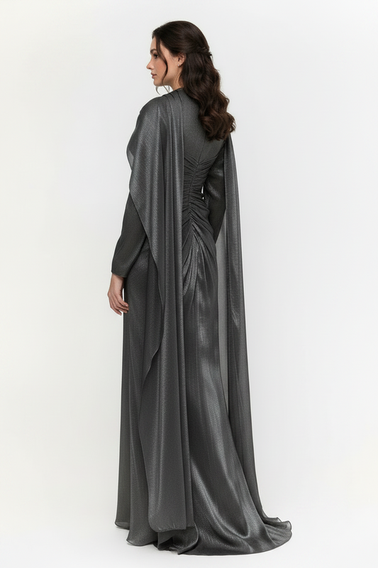The Celeste Draped Shimmer Evening Gown - Silver Mist