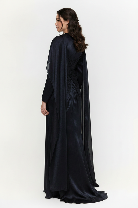 The Celeste Draped Shimmer Evening Gown - Midnight Noir