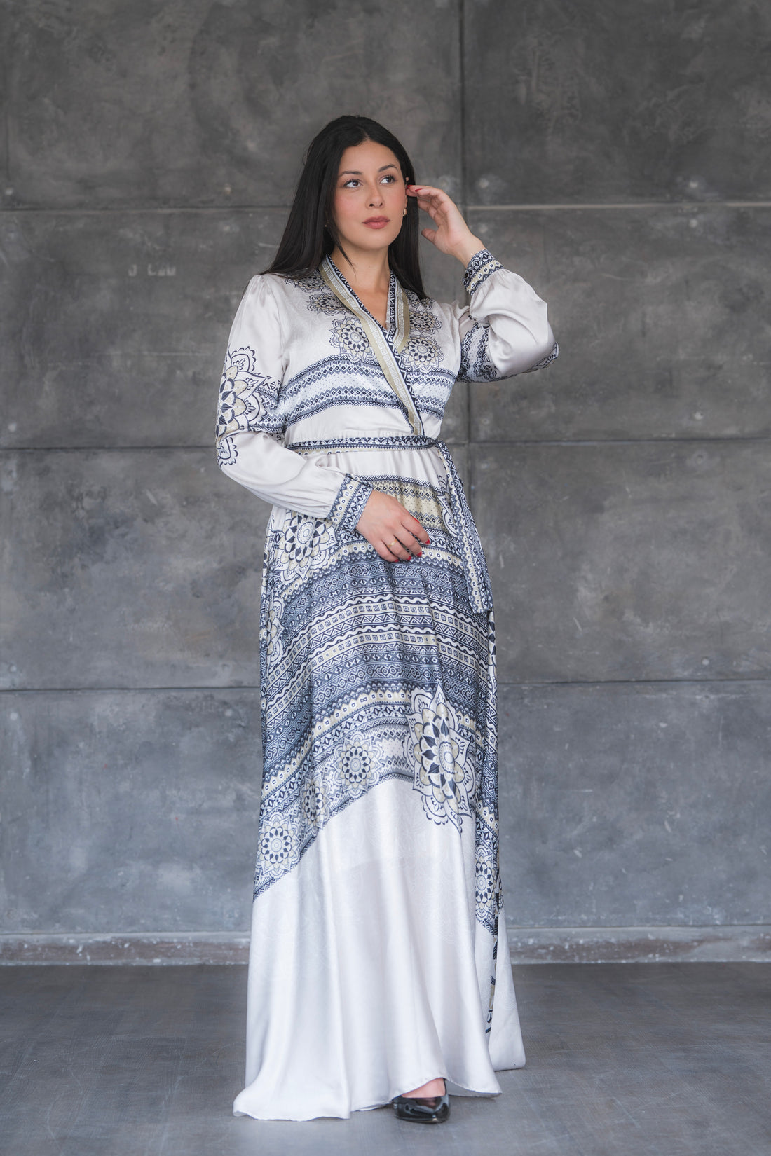 Geometry Satin Long Sleeve Maxi Dress