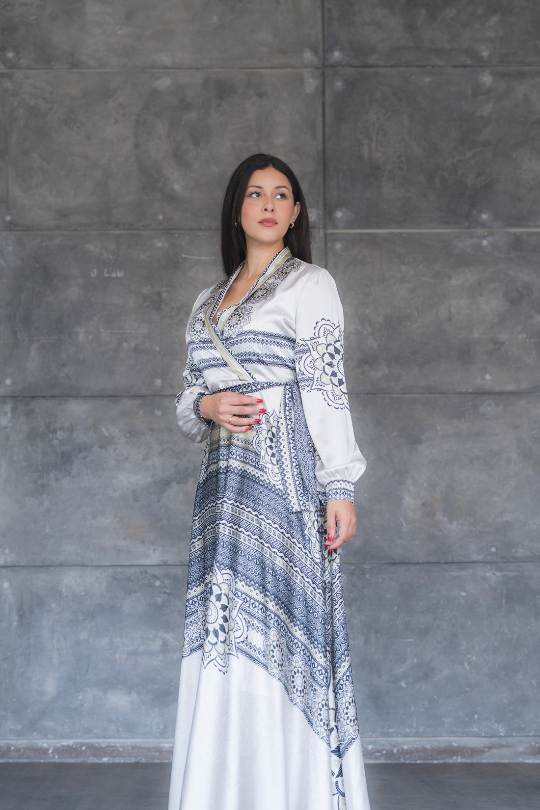 Geometry Satin Long Sleeve Maxi Dress