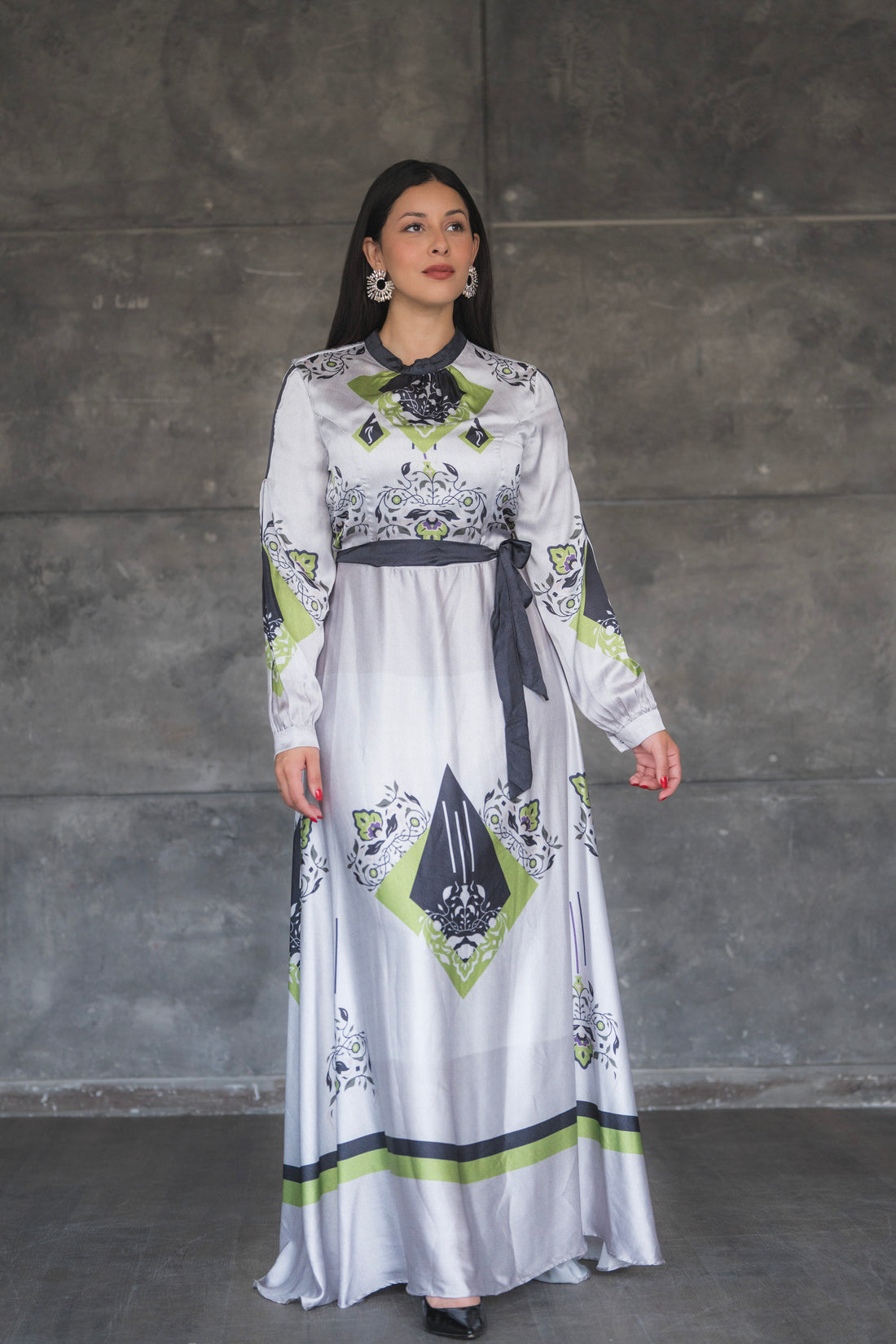 Bold Black And Green Long Sleeves Maxi Dress