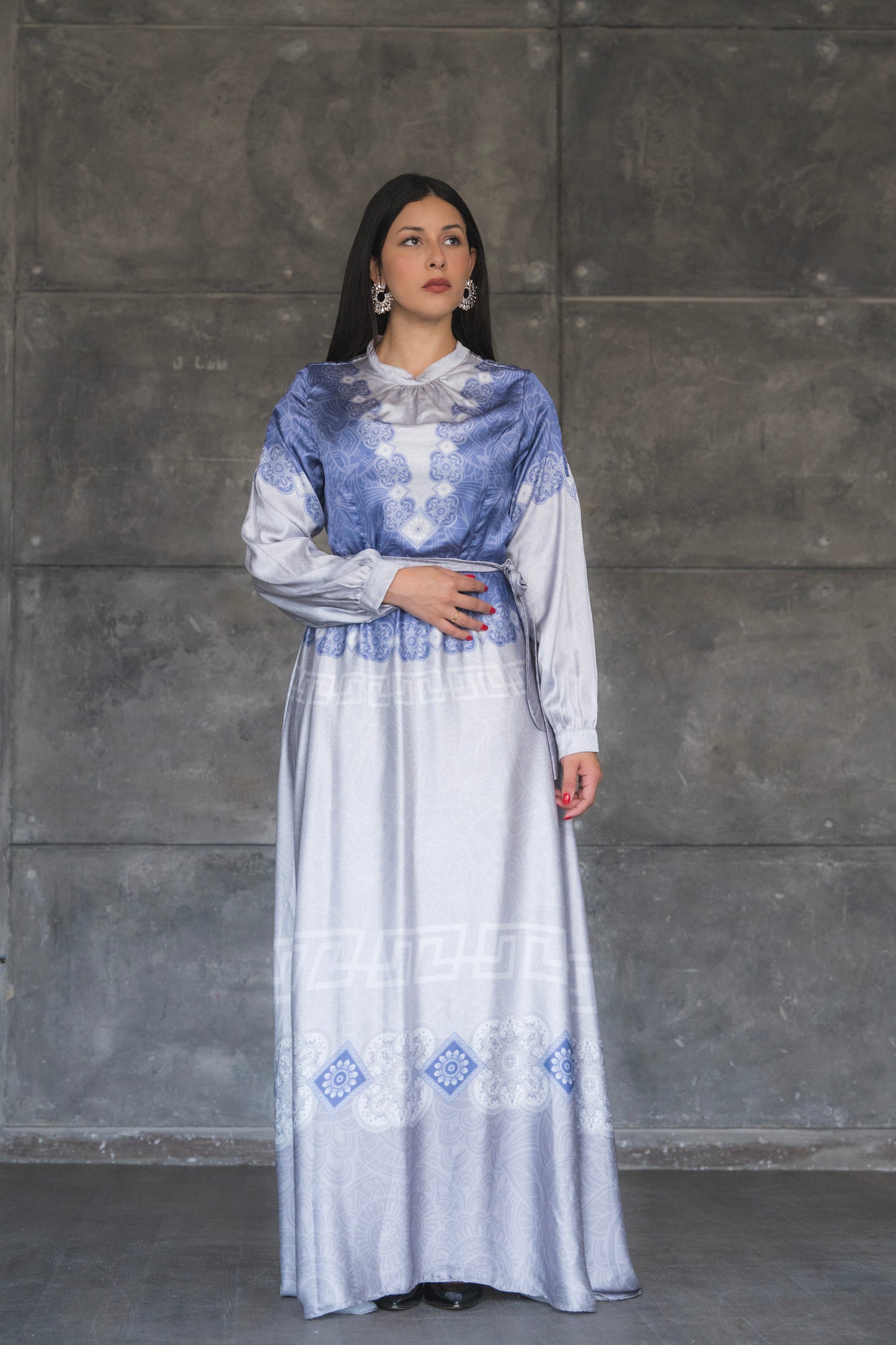 BLUE AND WHITE SATIN LONG SLEEVE MAXI DRESS