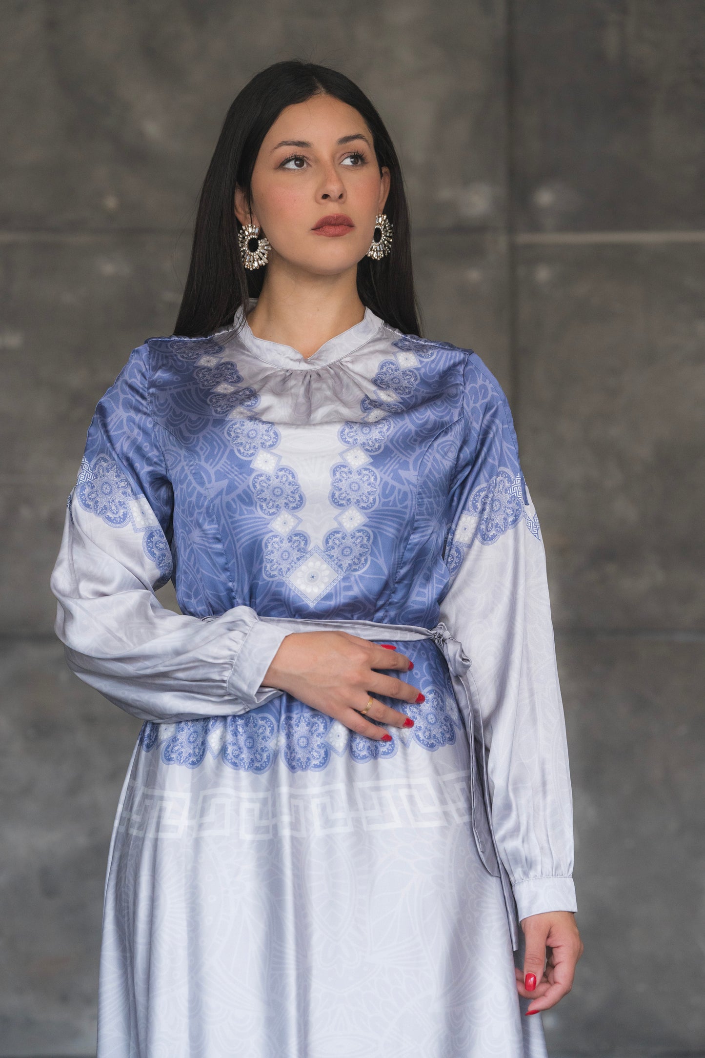 BLUE AND WHITE SATIN LONG SLEEVE MAXI DRESS