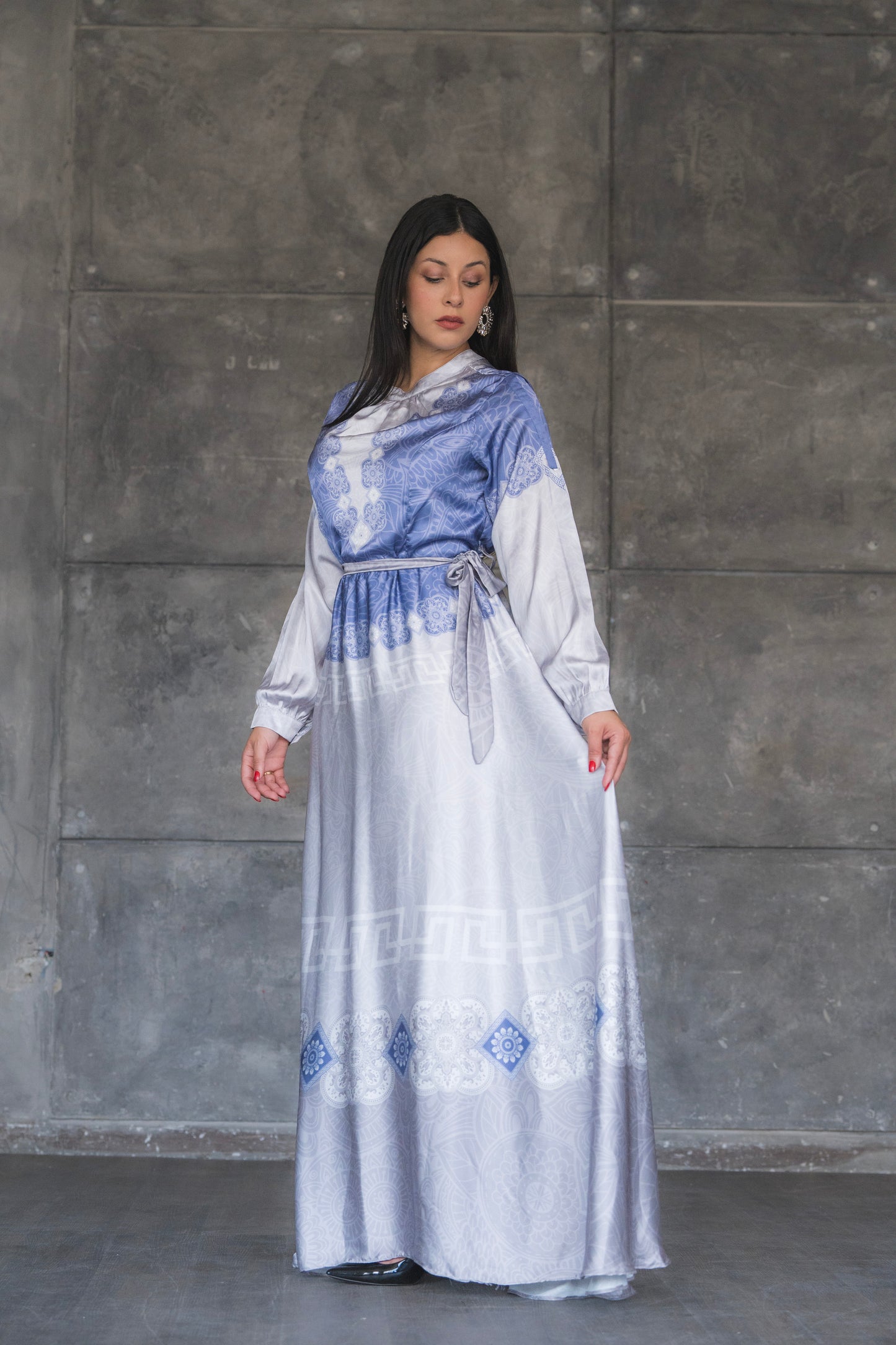 BLUE AND WHITE SATIN LONG SLEEVE MAXI DRESS