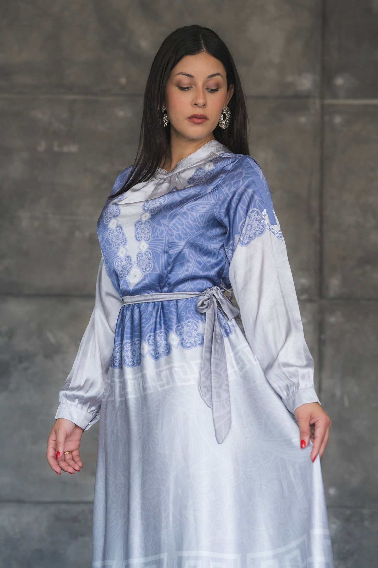 BLUE AND WHITE SATIN LONG SLEEVE MAXI DRESS