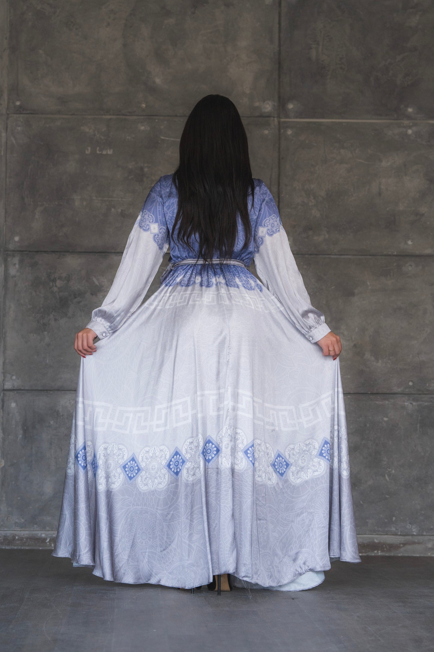 BLUE AND WHITE SATIN LONG SLEEVE MAXI DRESS