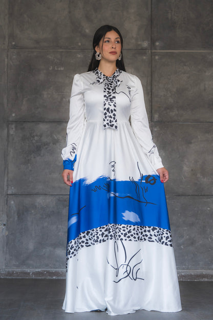 White and Blue Abstract Print Satin Tie-Neck Maxi Dress