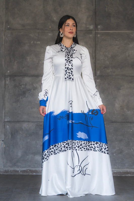 White and Blue Satin Maxi Dress