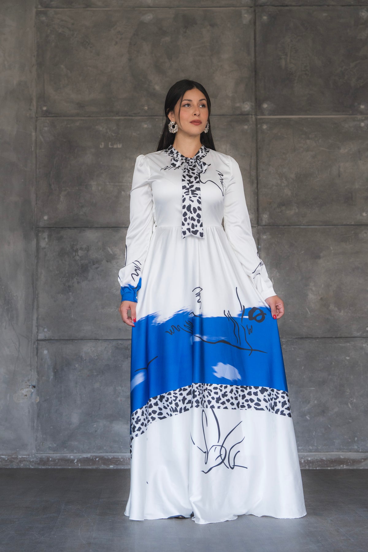 White and Blue Abstract Print Satin Tie-Neck Maxi Dress