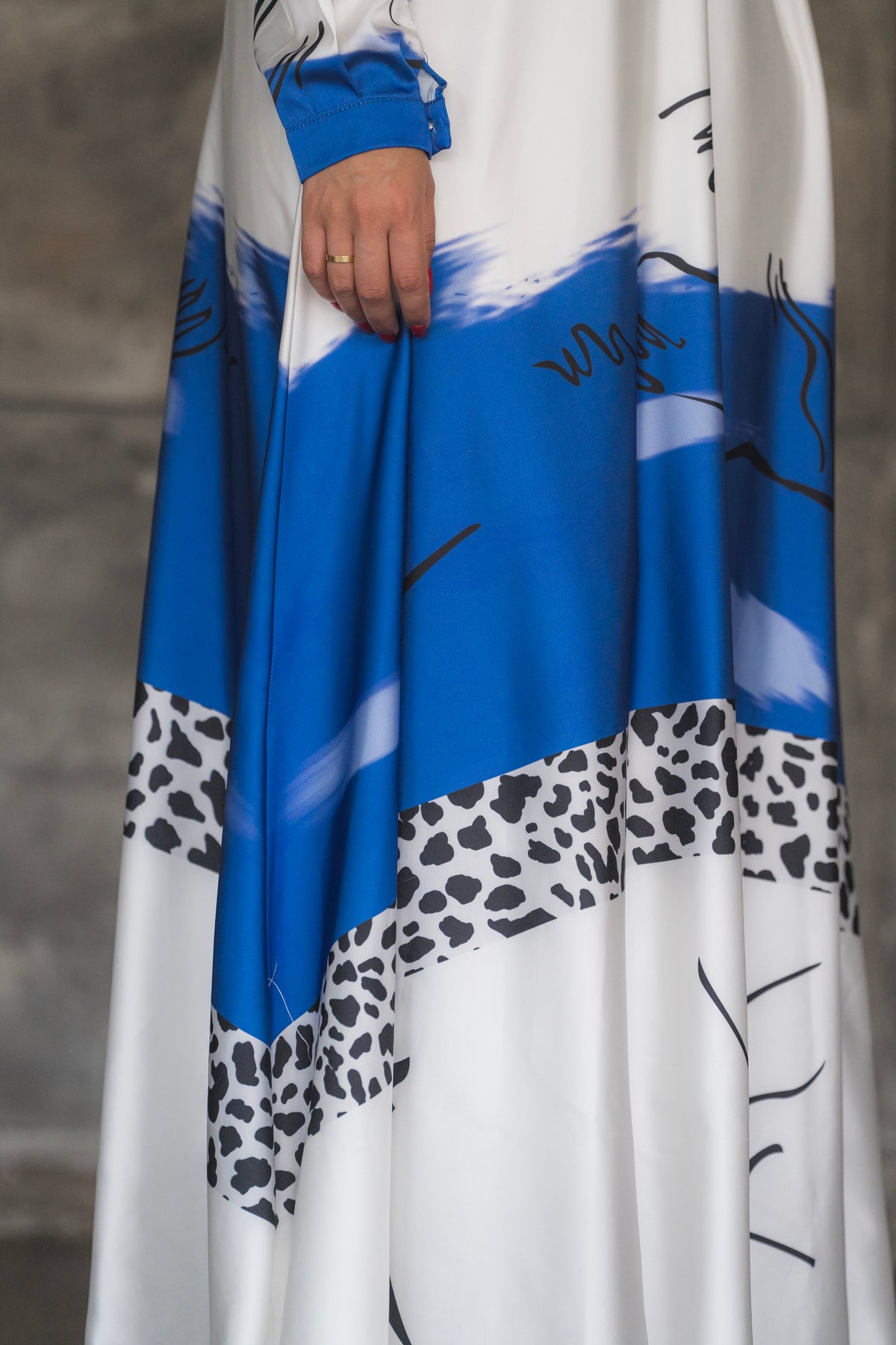 White and Blue Abstract Print Satin Tie-Neck Maxi Dress