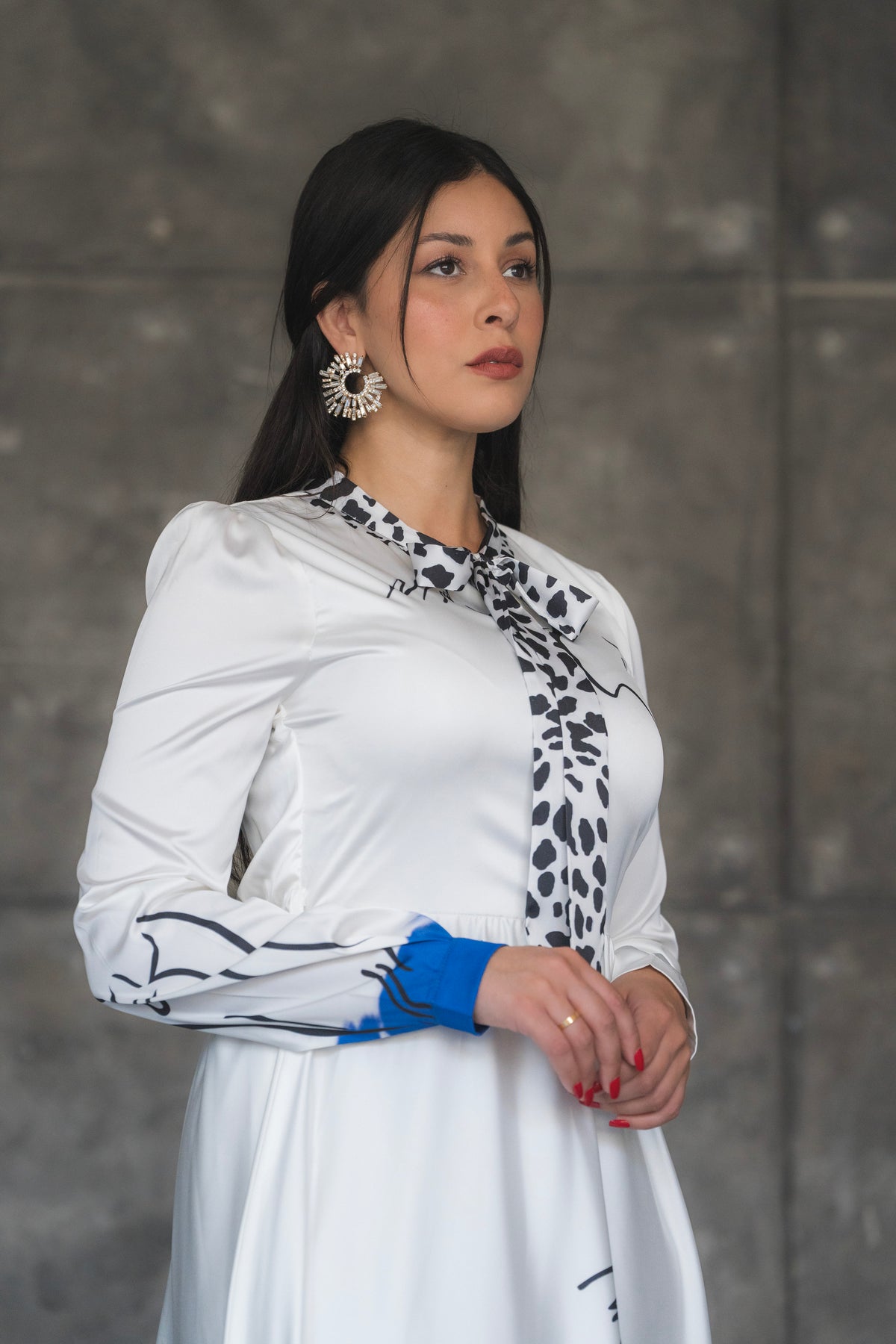 White and Blue Abstract Print Satin Tie-Neck Maxi Dress