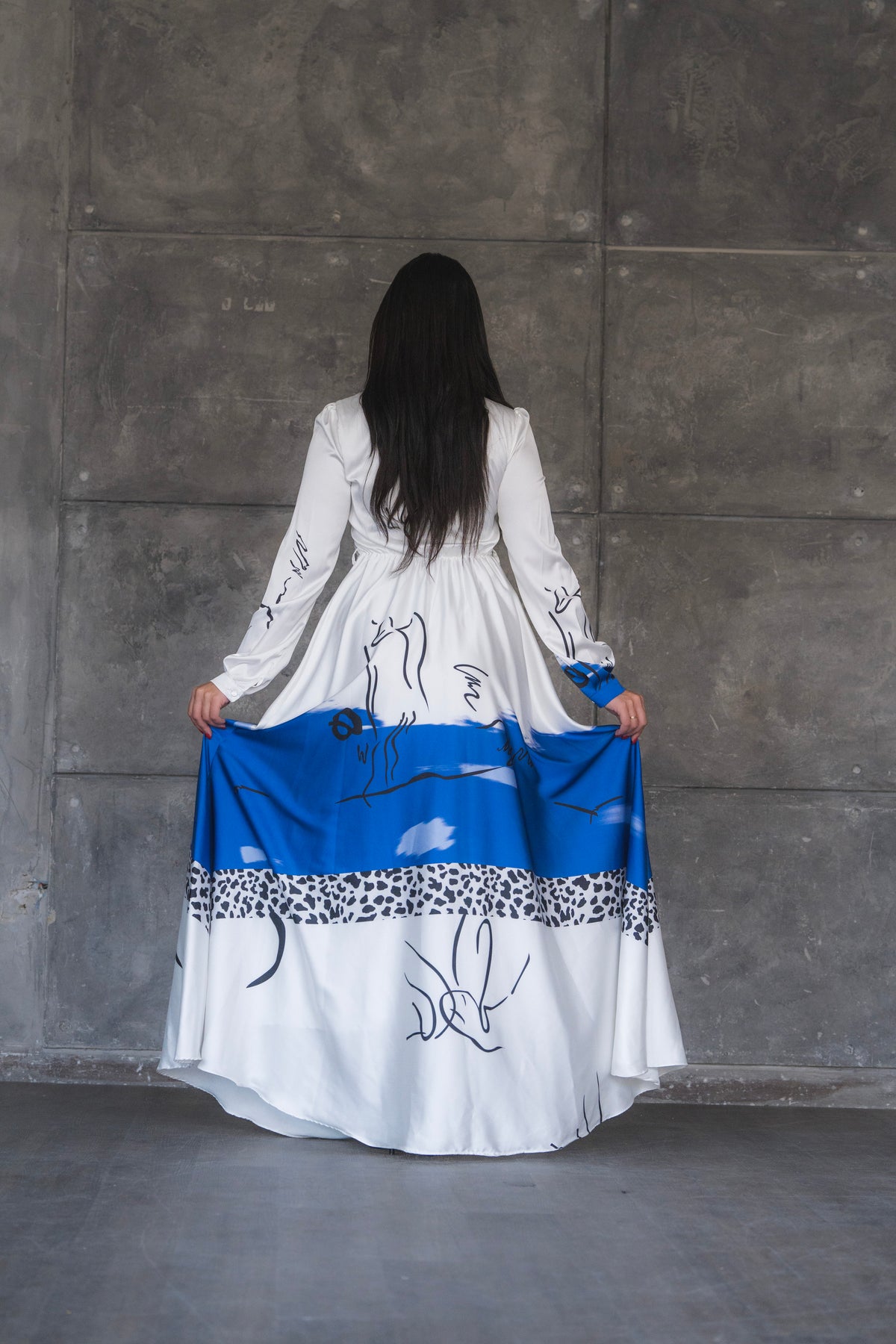 White and Blue Abstract Print Satin Tie-Neck Maxi Dress