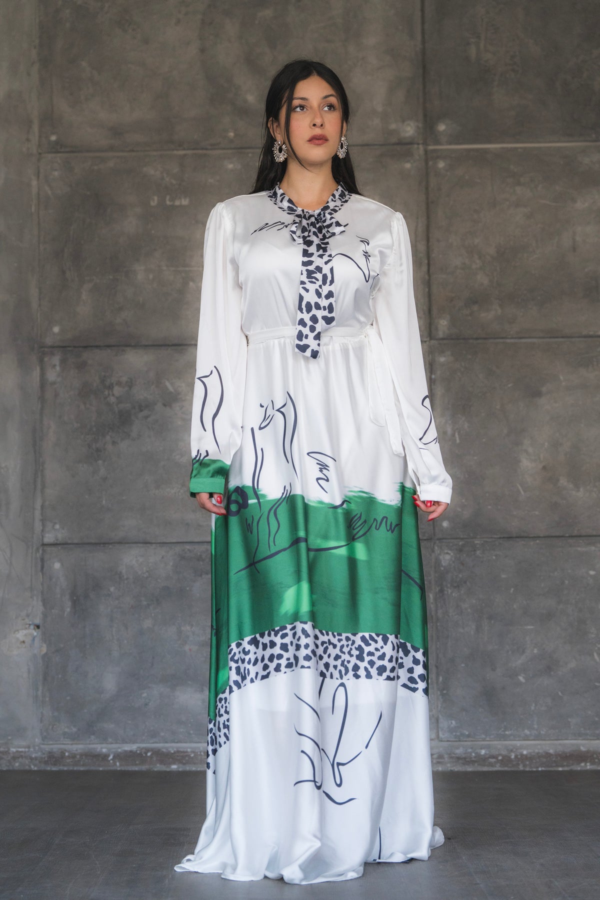 White and Green Abstract Print Satin Tie-Neck Maxi Dress