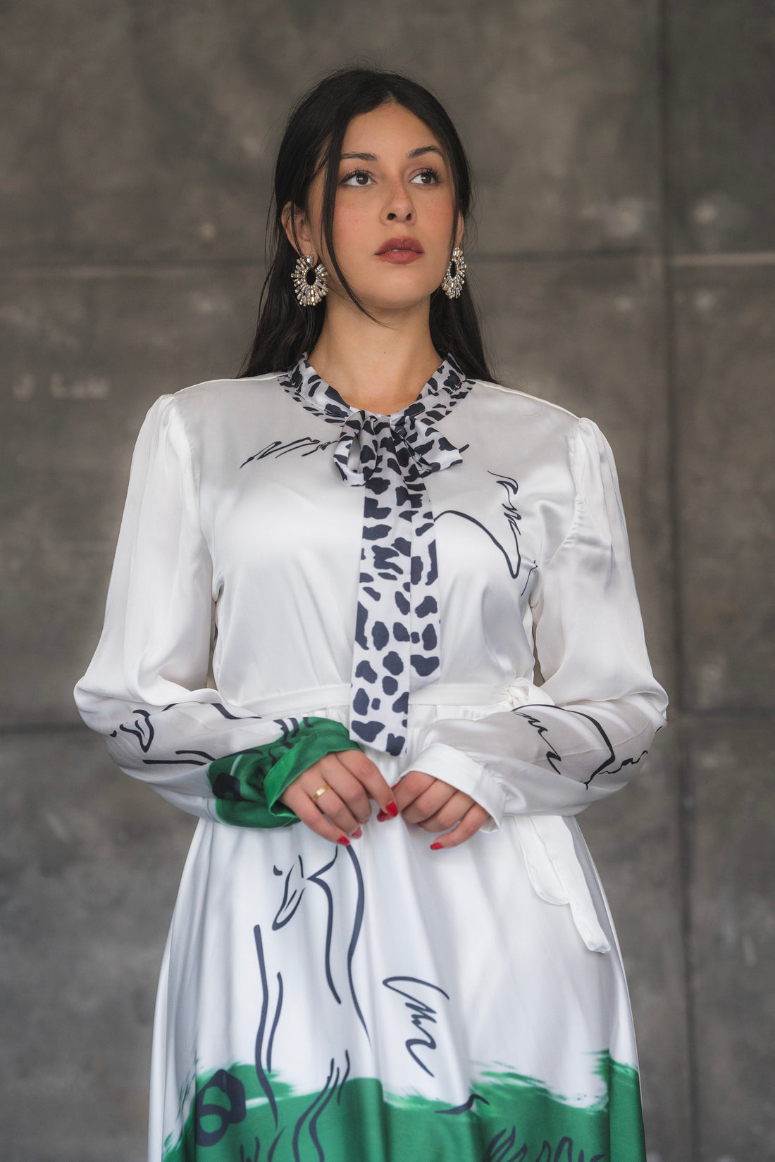 White and Green Abstract Print Satin Tie-Neck Maxi Dress