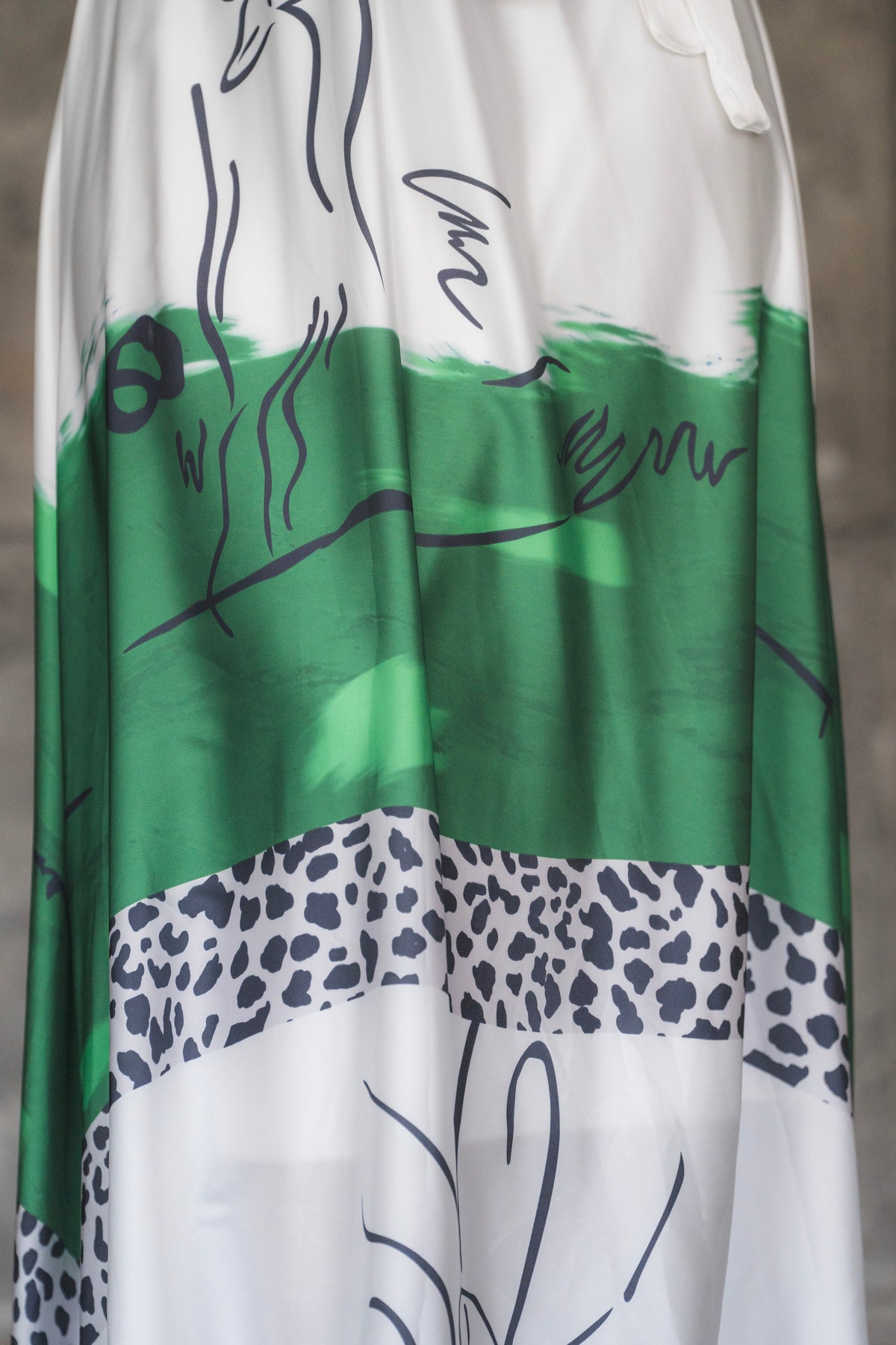 White and Green Abstract Print Satin Tie-Neck Maxi Dress