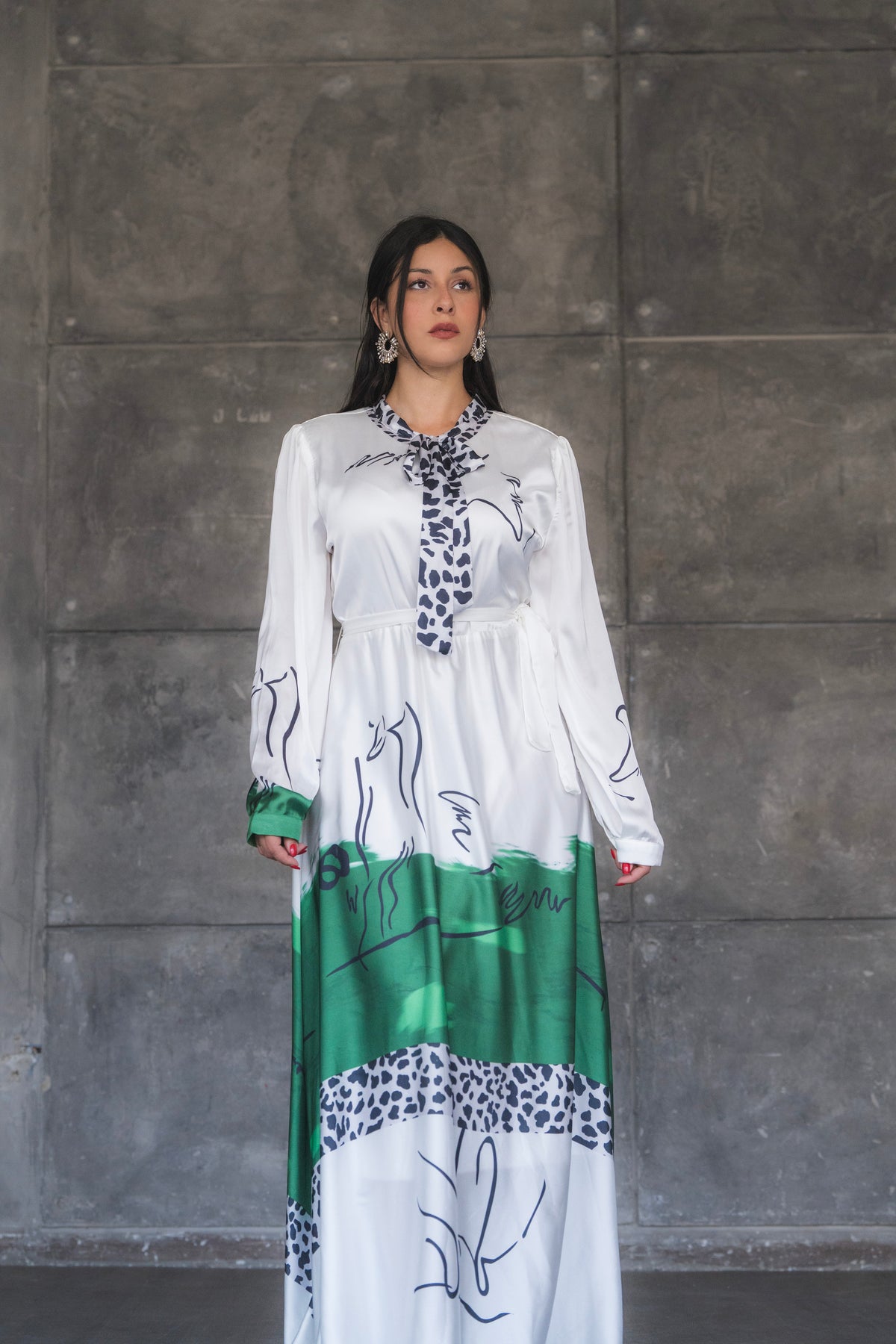 White and Green Abstract Print Satin Tie-Neck Maxi Dress