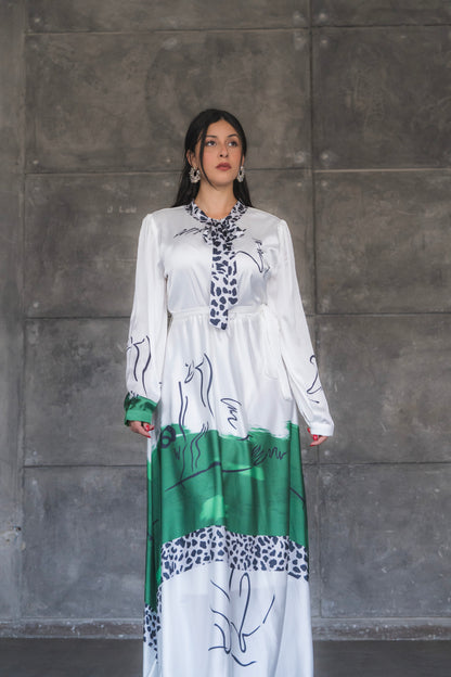 White and Green Abstract Print Satin Tie-Neck Maxi Dress