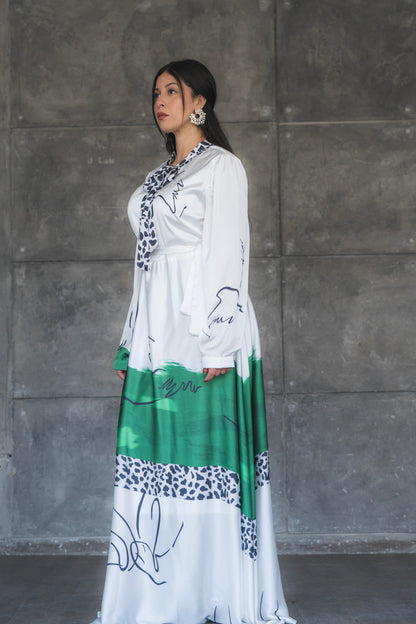 White and Green Abstract Print Satin Tie-Neck Maxi Dress