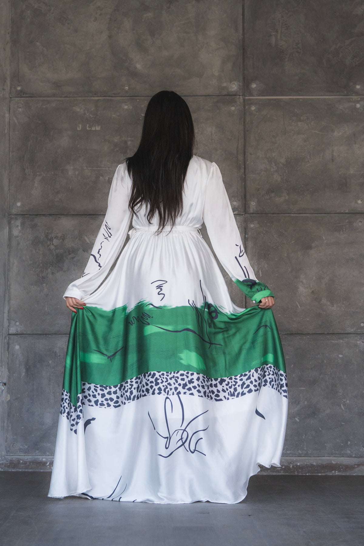 White and Green Abstract Print Satin Tie-Neck Maxi Dress
