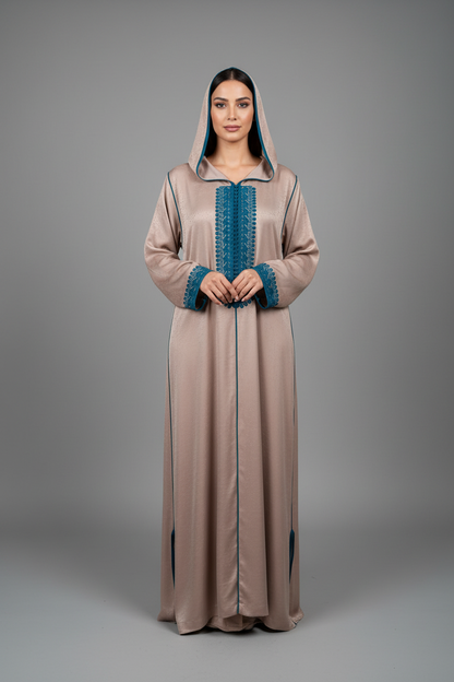 Two-Tone Embroidered Satin Moroccan Jelaba