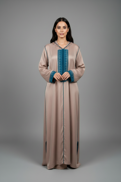 Two-Tone Embroidered Satin Moroccan Jelaba