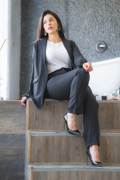 Black Feather-Trimmed Blazer &amp; Pants 2-Piece Set