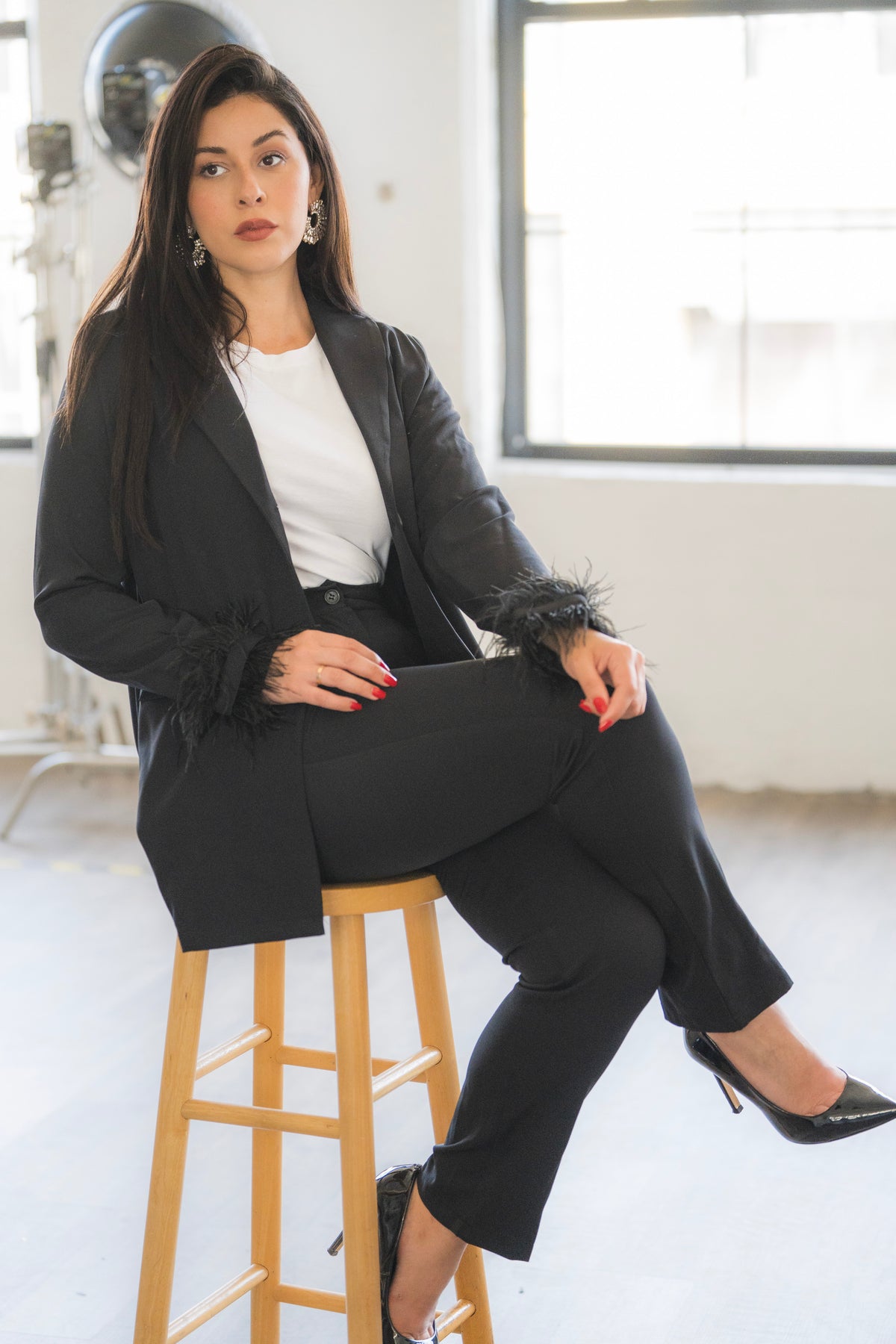 Black Feather-Trimmed Blazer &amp; Pants 2-Piece Set